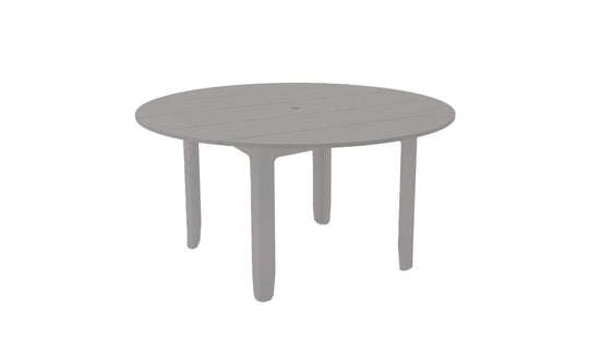 The Mainstay Round Dining Table by Ledge Lounger is ideal for outdoor dining with its minimalist gray design, smooth slatted surface, four sturdy legs, and a built-in umbrella sleeve.