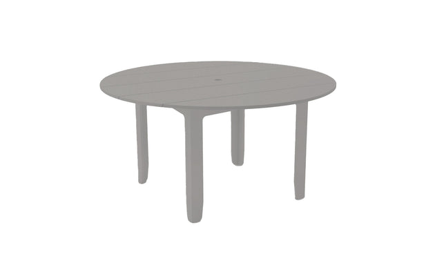 The Mainstay Round Dining Table by Ledge Lounger is ideal for outdoor dining with its minimalist gray design, smooth slatted surface, four sturdy legs, and a built-in umbrella sleeve.