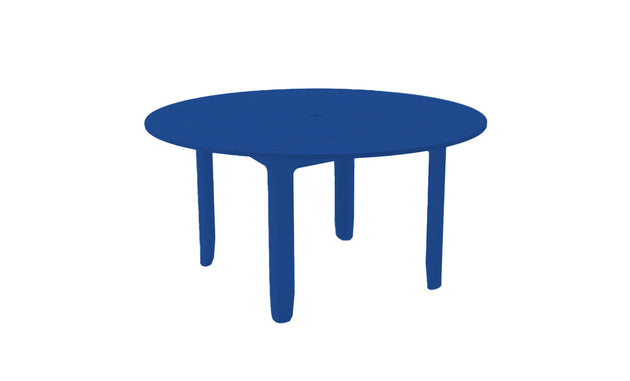 The Mainstay Round Dining Table by Ledge Lounger is a simple, blue plastic outdoor dining table with a round shape. It features four sturdy legs, a smooth tabletop, and a built-in umbrella sleeve at the center, offering minimalist and functional design for any patio.