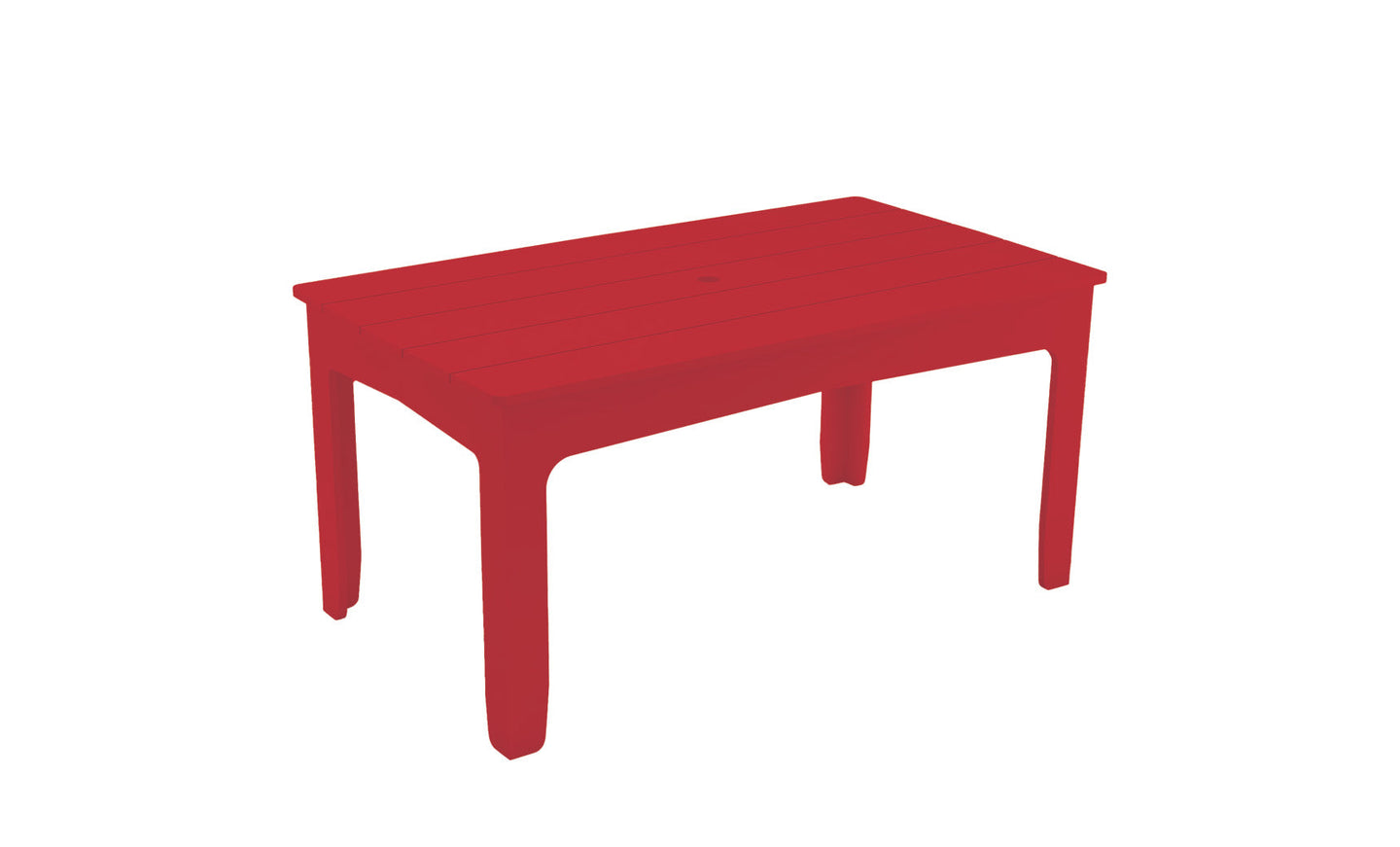 A simple illustration of the Mainstay Rectangular Dining Table by Ledge Lounger, featuring a red finish, four legs, and an umbrella sleeve against a plain white background.