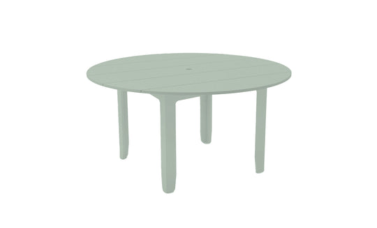 The Mainstay Round Dining Table by Ledge Lounger is a light green, round patio table with a slatted surface and four legs. Its perfect for outdoor dining and includes a convenient built-in umbrella sleeve.