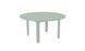 The Mainstay Round Dining Table by Ledge Lounger is a light green, round patio table with a slatted surface and four legs. Its perfect for outdoor dining and includes a convenient built-in umbrella sleeve.