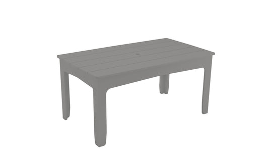 The Mainstay Rectangular Dining Table by Ledge Lounger is a gray, sleek outdoor table with a slatted top, four sturdy legs, and a central hole for an umbrella. Its minimalist design enhances any garden or patio.