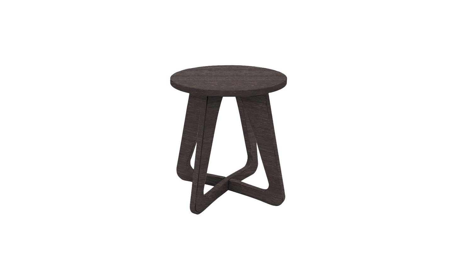 The Ledge Lounger Mainstay Stool boasts a dark wooden seat and a unique intertwined triangular base, making it an ideal patio piece to elevate any outdoor setting.