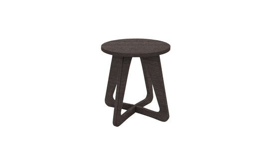 The Ledge Lounger Mainstay Stool boasts a dark wooden seat and a unique intertwined triangular base, making it an ideal patio piece to elevate any outdoor setting.
