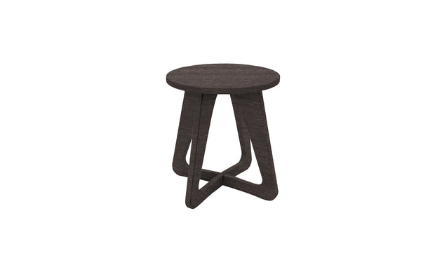 The Ledge Lounger Mainstay Stool boasts a dark wooden seat and a unique intertwined triangular base, making it an ideal patio piece to elevate any outdoor setting.