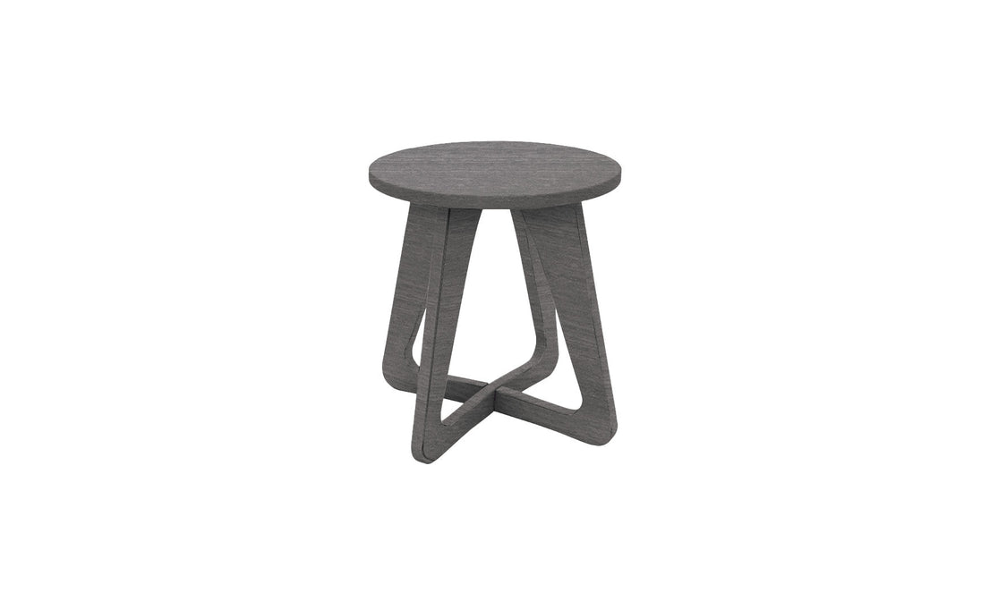 Introducing the Mainstay Stool by Ledge Lounger: a sleek grey wooden stool with a round seat and modern geometric base featuring triangular leg designs. Ideal for patios, it seamlessly enhances any outdoor space with its contemporary style.