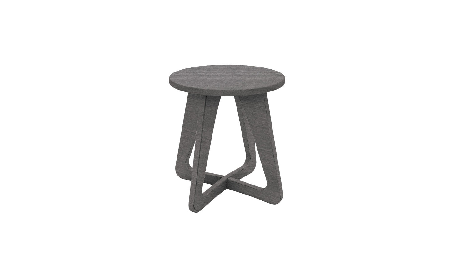 Introducing the Mainstay Stool by Ledge Lounger: a sleek grey wooden stool with a round seat and modern geometric base featuring triangular leg designs. Ideal for patios, it seamlessly enhances any outdoor space with its contemporary style.