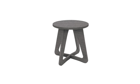 Introducing the Mainstay Stool by Ledge Lounger: a sleek grey wooden stool with a round seat and modern geometric base featuring triangular leg designs. Ideal for patios, it seamlessly enhances any outdoor space with its contemporary style.