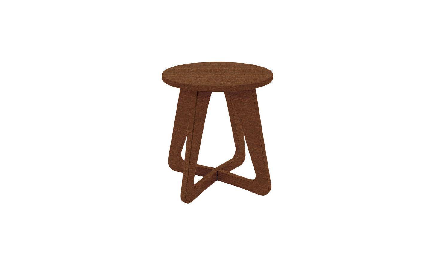 The Ledge Lounger Mainstay Stool, featuring a round seat and three intersecting curved legs in a minimalist design, has a smooth finish and is set against a plain white background, perfect for enhancing any outdoor space.