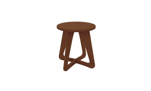 The Ledge Lounger Mainstay Stool, featuring a round seat and three intersecting curved legs in a minimalist design, has a smooth finish and is set against a plain white background, perfect for enhancing any outdoor space.