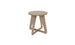 The Ledge Lounger Mainstay Stool features a wooden round top and three interlocking curved legs in a light wood finish. This minimalist, modern design is perfect for patios, offering versatile elegance to any outdoor setting.