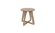 The Ledge Lounger Mainstay Stool features a wooden round top and three interlocking curved legs in a light wood finish. This minimalist, modern design is perfect for patios, offering versatile elegance to any outdoor setting.