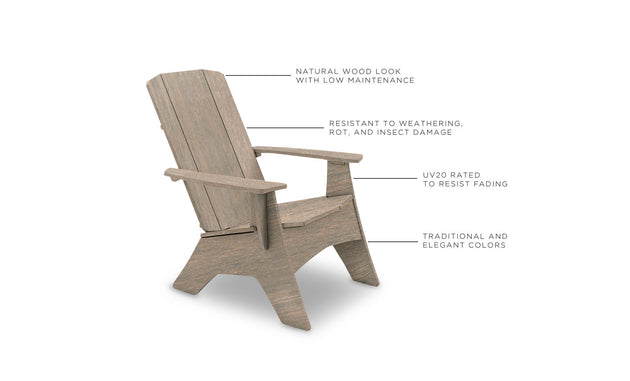 The Mainstay Ultimate Adirondack by Ledge Lounger features a natural wood look ideal for poolside use. Its low maintenance and resistant to weathering, rot, and insects, with a UV20 rating to prevent fading in its elegant colors.