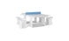 The Ledge Lounger Table Tennis and Barstools Gathering Set features a modern white table with a blue divider and four curved white stools, creating a stylish setup for outdoor entertainment against a crisp white background.