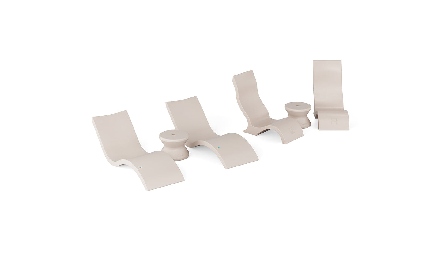 The Ledge Lounger Signature Chaise with Chairs and Side Table In-Pool 6-Piece Set includes four beige, S-shaped chaise loungers and two round side tables, ideal for modern resort-style poolside relaxation.