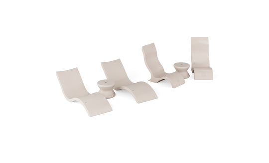 The Ledge Lounger Signature Chaise with Chairs and Side Table In-Pool 6-Piece Set includes four beige, S-shaped chaise loungers and two round side tables, ideal for modern resort-style poolside relaxation.