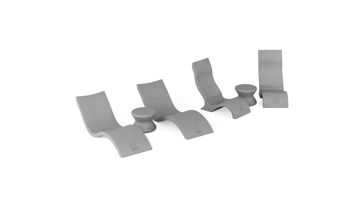 The Ledge Lounger Signature Chaise with Chairs and Side Table In-Pool 6-Piece Set features four sleek gray lounge chairs and two round side tables in a modern, minimalist style, perfect for resort-inspired poolside relaxation.