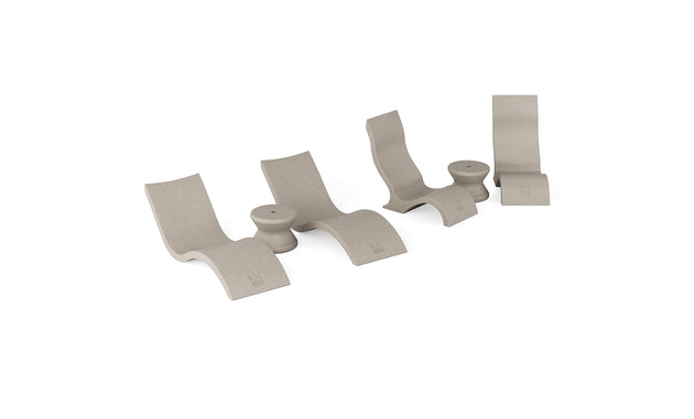 The Ledge Lounger Signature Chaise with Chairs and Side Table In-Pool 6-Piece Set features four modern beige lounge chairs and two matching round side tables, ideal for resort-style poolside relaxation, displayed on a plain white background.