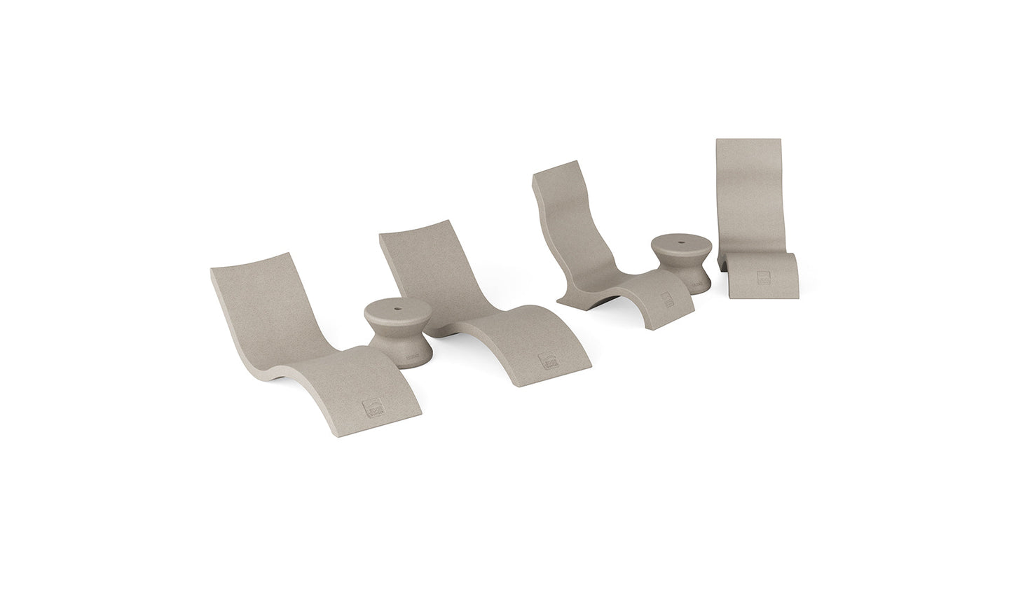 The Ledge Lounger Signature Chaise with Chairs and Side Table In-Pool 6-Piece Set features modern beige seating and small round tables, ideal resort-style pool furniture for a relaxing, sophisticated look against a crisp white backdrop.