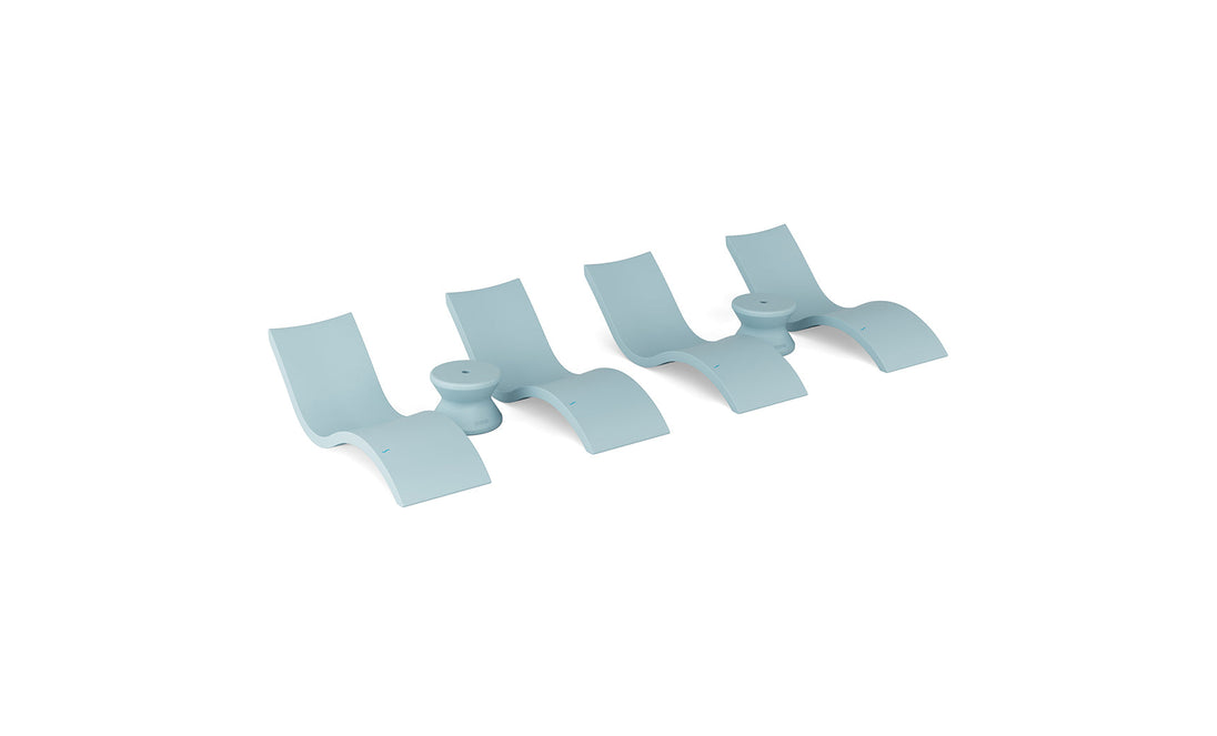 Three modern light blue Ledge Lounger Signature Chaise and Side Table In-Pool 6-Piece Set loungers are arranged in a row against a white background, highlighting stylish pool ledge furniture for luxurious relaxation.