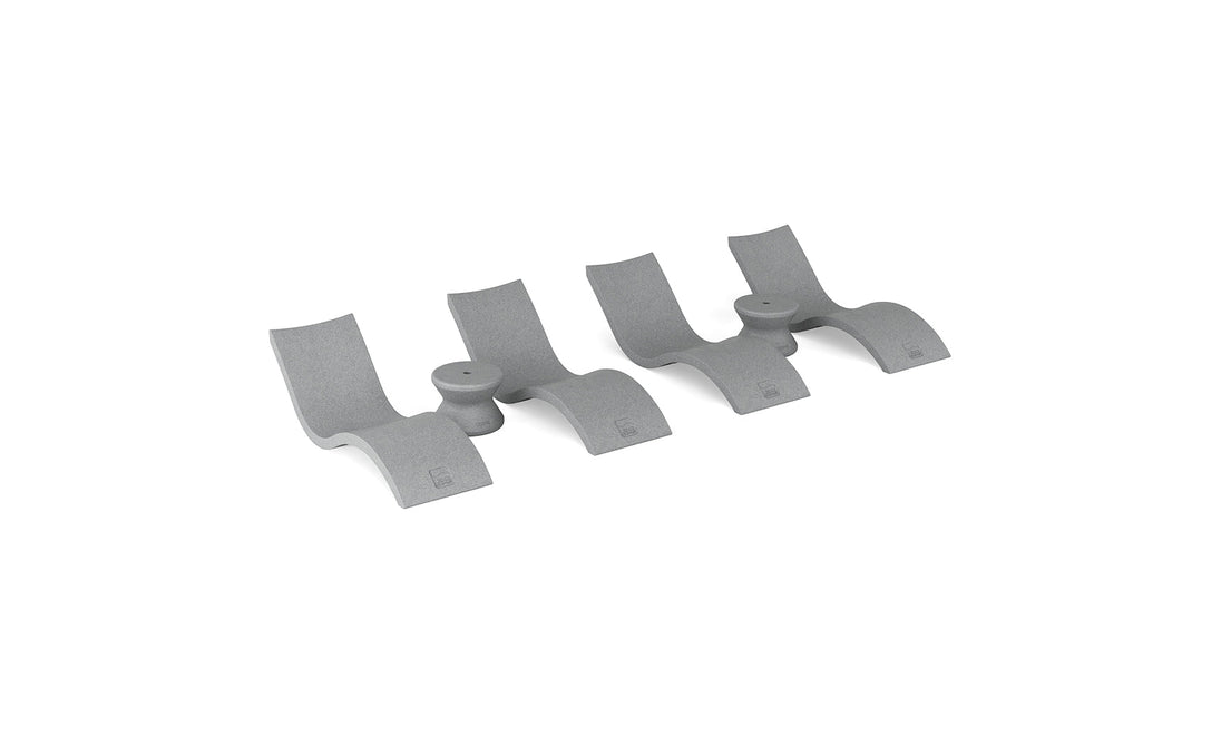 The Ledge Lounger Signature Chaise and Side Table In-Pool 6-Piece Set features three identical gray, modern chaise loungers with curved arches, arranged side by side on a white background, evoking minimalist poolside luxury.