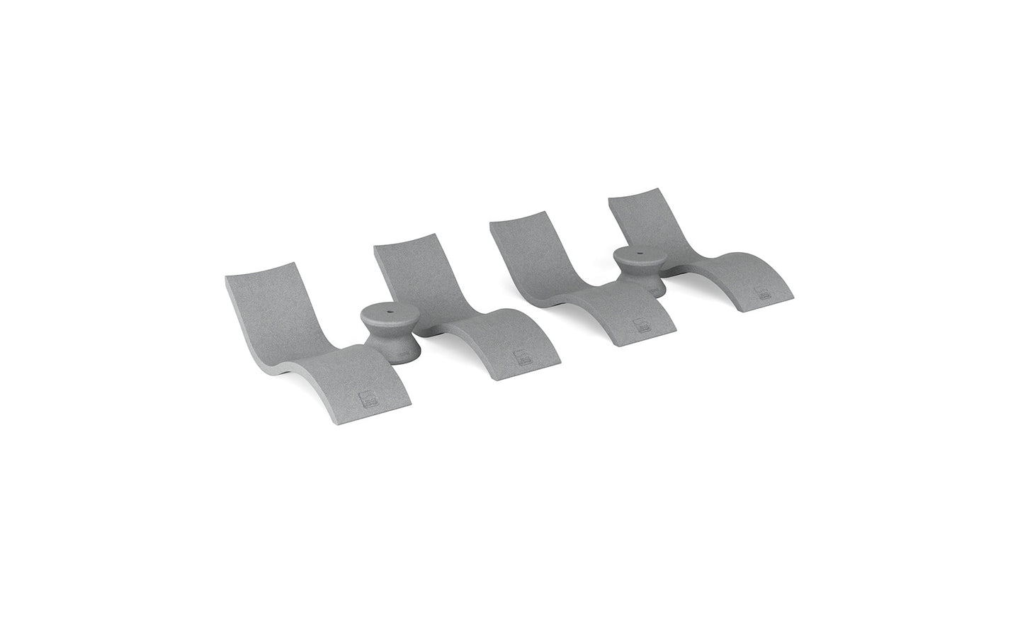 The Ledge Lounger Signature Chaise and Side Table In-Pool 6-Piece Set features three identical gray, modern chaise loungers with curved arches, arranged side by side on a white background, evoking minimalist poolside luxury.