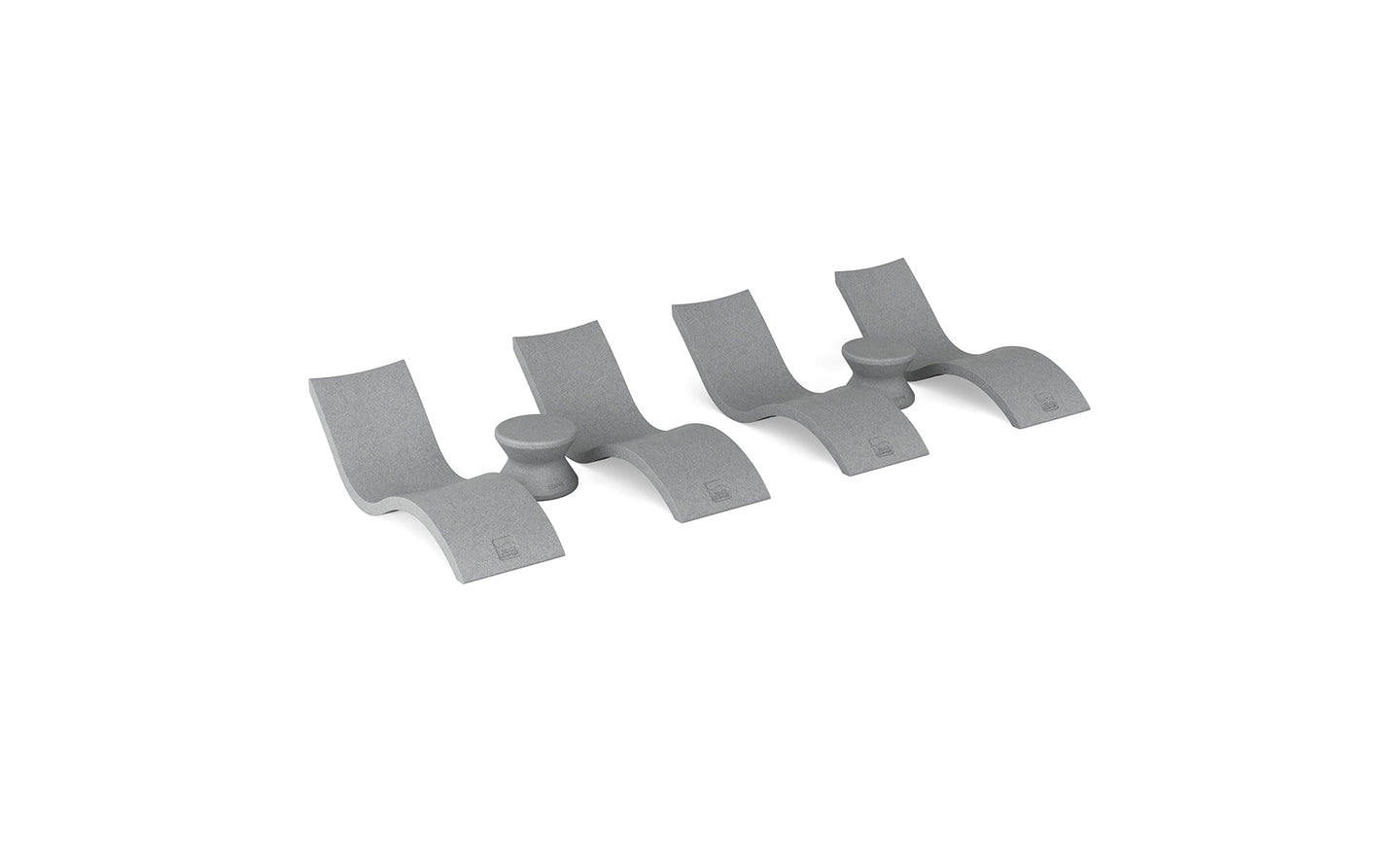 The Ledge Lounger Signature Chaise and Side Table In-Pool 6-Piece Set features modern, minimalist gray pieces with curved, wave-like designs, arranged side by side on a white background.