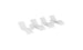 Four modern, white wall hooks—each with a curved, minimalist shape and a blue dot accent—are arranged side by side, echoing the sleek style of the Ledge Lounger Signature Chaise and Side Table In-Pool 6-Piece Set.
