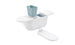 The PartyPad - White by Ledge Lounger is a modular shower caddy in white and light blue, featuring a central compartment, two folding shelves (one folded down), and a perforated insert for ventilation.