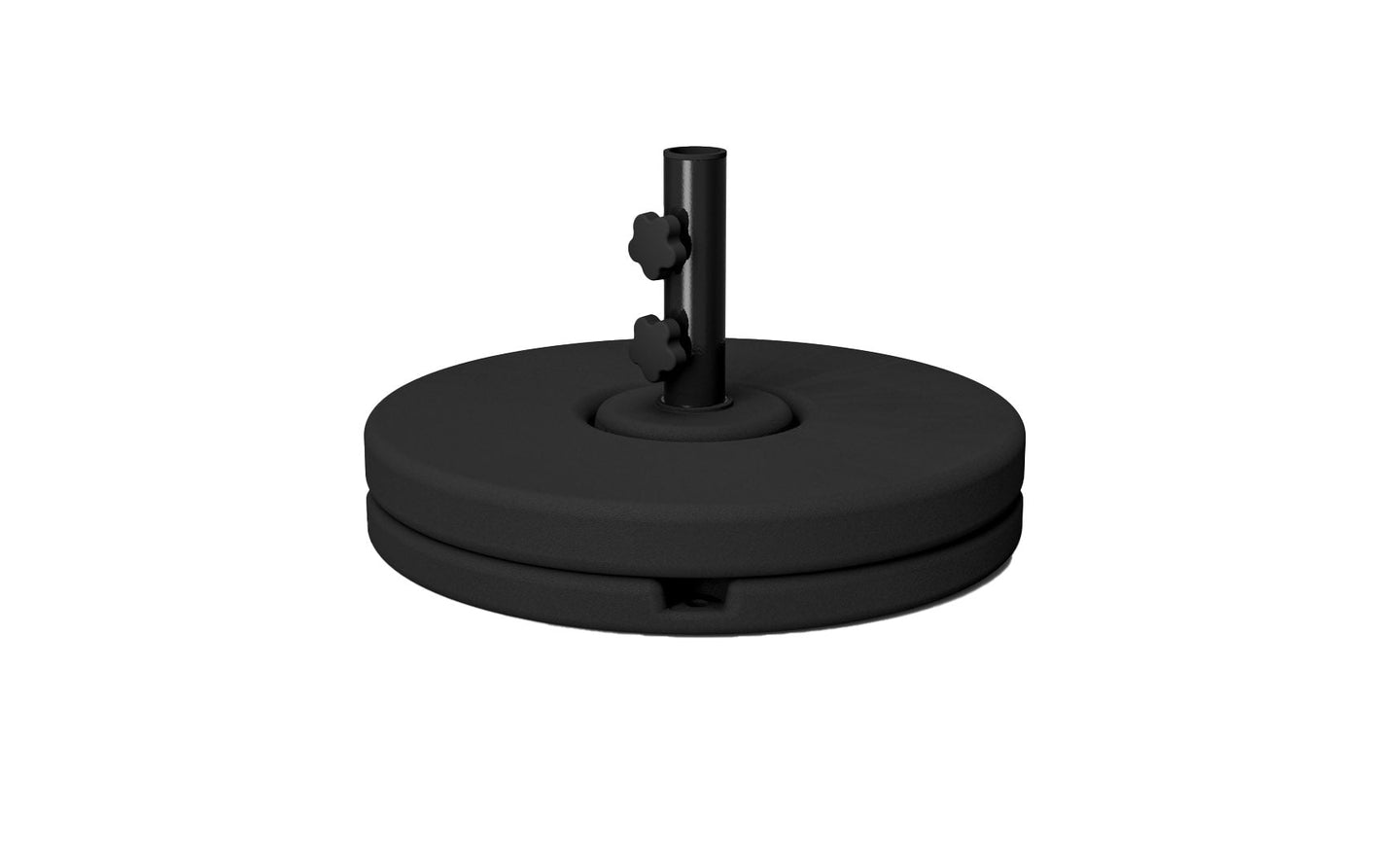 The Resin Coated Concrete Umbrella Base by Ledge Lounger has a sturdy black finish, a cylindrical pole, and two adjustable knobs. It offers reliable support for center pole umbrellas, ensuring stability for your outdoor patio or garden dining experience.