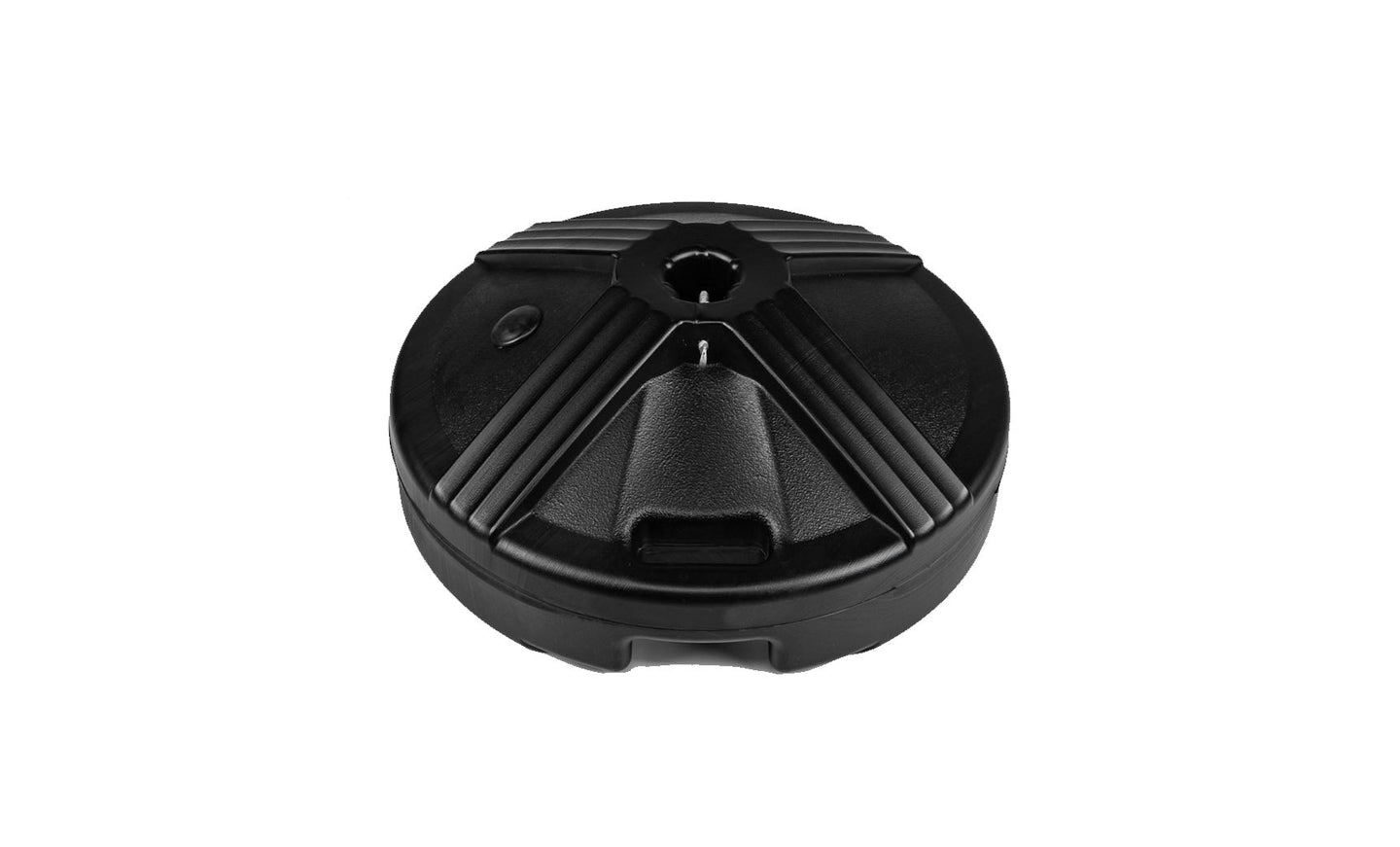 The Ledge Lounger Resin Coated Concrete Umbrella Base is a round black plastic item with a textured design and central hole for center pole umbrellas, featuring geometric patterns that enhance your outdoor dining experience.
