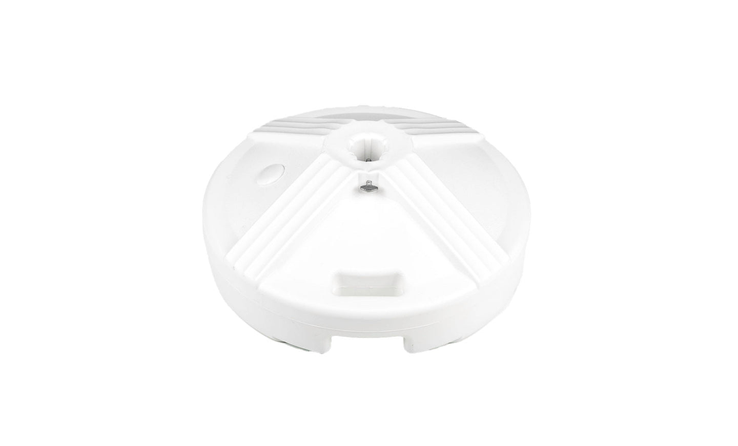 A white, circular object with radial ridges and a central hole is set against a plain background, resembling tranquility akin to an outdoor dining space. This is the Resin Coated Concrete Umbrella Base by Ledge Lounger.
