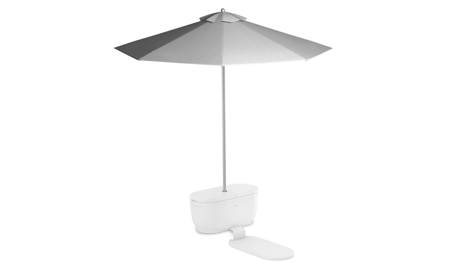 The PartyPad Swim-Up Bar by Ledge Lounger is perfect for poolside relaxation. Its large, gray umbrella provides ample shade with a sturdy base and foot pedal. The sleek, modern design complements any outdoor beverage center.