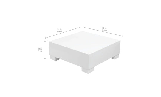 Meet the Signature Coffee Table by Ledge Lounger: a white, minimalist square table on short legs, measuring 32 x 32 x 12. Perfectly crafted for chic aesthetics, its an ideal addition to your poolside essentials.