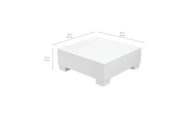 Meet the Signature Coffee Table by Ledge Lounger: a white, minimalist square table on short legs, measuring 32 x 32 x 12. Perfectly crafted for chic aesthetics, its an ideal addition to your poolside essentials.