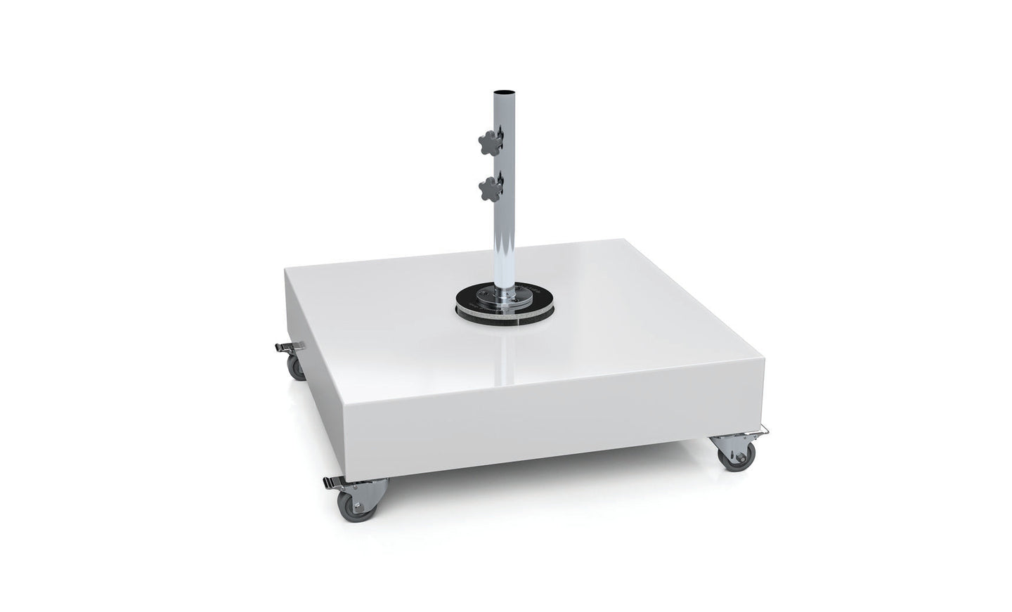 The Ledge Lounger Steel Shell Cantilever Base features a sleek steel shell with a rectangular platform on four wheels. Its shiny surface enhances the modern design, and the central pole with two tightening knobs ensures stability, all set against a plain white background.