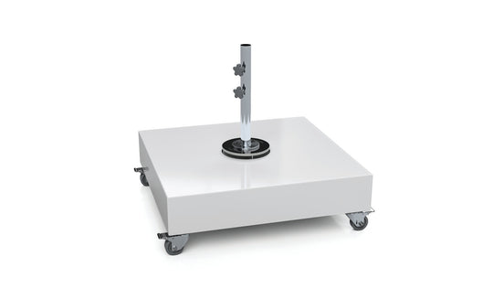 The Ledge Lounger Steel Shell Cantilever Base features a sleek steel shell with a rectangular platform on four wheels. Its shiny surface enhances the modern design, and the central pole with two tightening knobs ensures stability, all set against a plain white background.