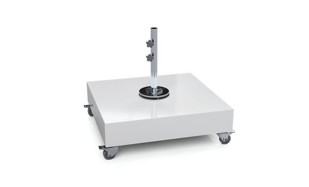 The Ledge Lounger Steel Shell Cantilever Base features a sleek steel shell with a rectangular platform on four wheels. Its shiny surface enhances the modern design, and the central pole with two tightening knobs ensures stability, all set against a plain white background.