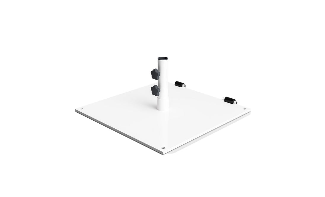 The Steel Plate Umbrella Base by Ledge Lounger is a white flat rectangular steel plate with a vertical center pole, perfect for center pole umbrellas. It has two black adjustment knobs, a durable powder-coated finish, and two black clips.