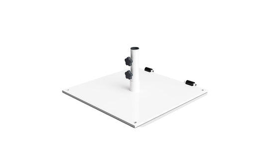 The Steel Plate Umbrella Base by Ledge Lounger is a white flat rectangular steel plate with a vertical center pole, perfect for center pole umbrellas. It has two black adjustment knobs, a durable powder-coated finish, and two black clips.