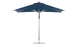 A freestanding Ledge Lounger Premier Aluminum Umbrella, 8.5 rectangle with a pulley, features a sleek metal pole, circular base, and marine-grade dark blue fabric for durability, set against a plain white background.