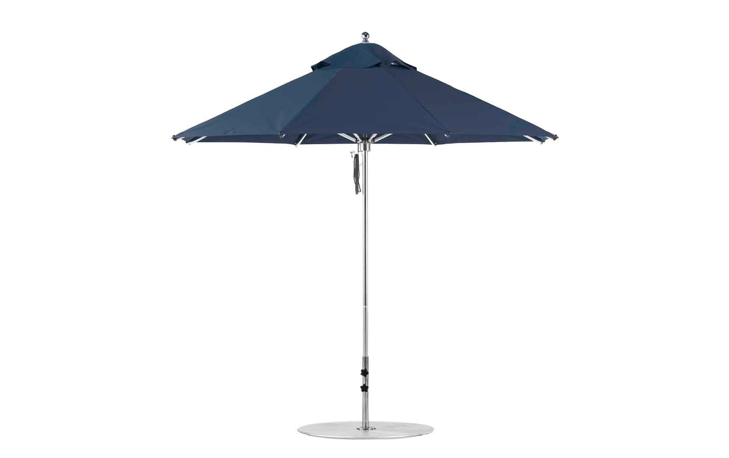 The Ledge Lounger Premier Aluminum Umbrella, a 9 octagon with a marine-grade blue canopy, stands open on a metal pole. It features wind resistance, a tilt mechanism, and a sturdy circular base for stability.