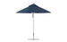 The Ledge Lounger Premier Aluminum Umbrella, a 9 octagon with a marine-grade blue canopy, stands open on a metal pole. It features wind resistance, a tilt mechanism, and a sturdy circular base for stability.