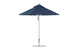 The Ledge Lounger Premier Aluminum Umbrella, a 9 octagon with a marine-grade blue canopy, stands open on a metal pole. It features wind resistance, a tilt mechanism, and a sturdy circular base for stability.