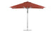 The 8.5 Ledge Loungers Premier Aluminum Umbrella, featuring a large red rectangle canopy made of marine-grade fabric and a vented top for wind resistance, stands upright with a sturdy metal pole and round base.