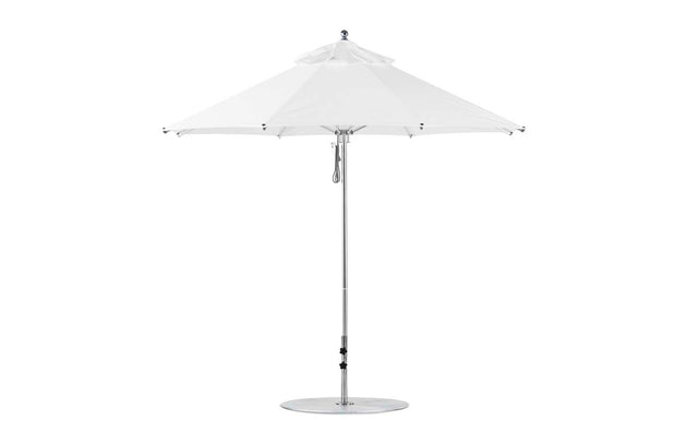 The Ledge Lounger Premier Aluminum Umbrella - 9 Octagon Pulley features a wind-resistant, marine-grade fabric canopy and metal pole on a round base. It offers ample shade and opens effortlessly with a crank handle.