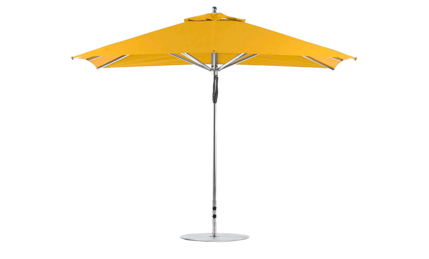 The Ledge Lounger Premier Aluminum Umbrella - 8.5 Rectangle Pulley features a wind-resistant, vibrant yellow canopy made from marine-grade fabrics with a sturdy metal pole and circular base, offering modern, durable shade for any patio or garden setting.