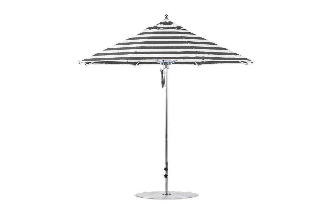 A Ledge Lounger Premier Aluminum Umbrella in black and white stripes with a silver pole and round base, crafted from marine-grade fabrics, is displayed open and viewed side-on against a white background.