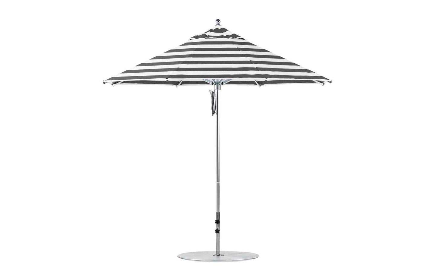 A Ledge Lounger Premier Aluminum Umbrella in black and white stripes with a silver pole and round base, crafted from marine-grade fabrics, is displayed open and viewed side-on against a white background.